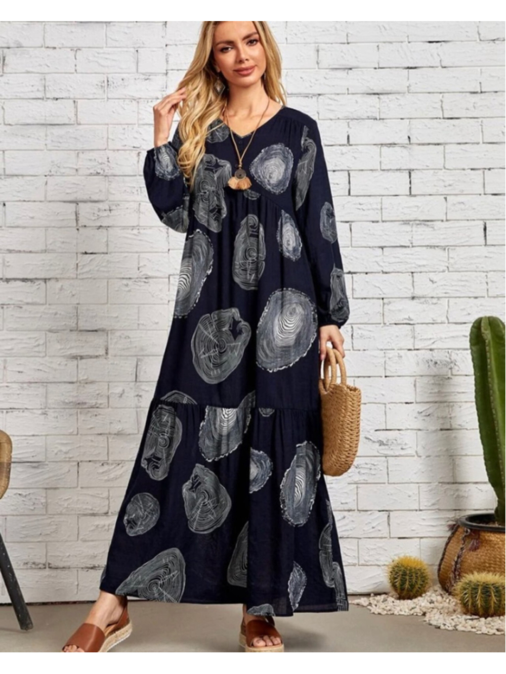 Emery Rose Boho Navy Print Maxi Dress XXL – Long Sleeve Flowy Style